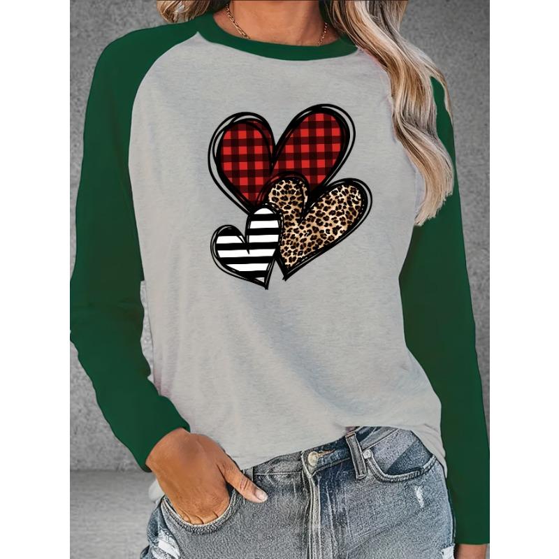 Printed Raglan Sleeve Round Neck T-Shirt Women's Spring and Autumn Long Sleeve Color Block Tops Bottoming Shirt