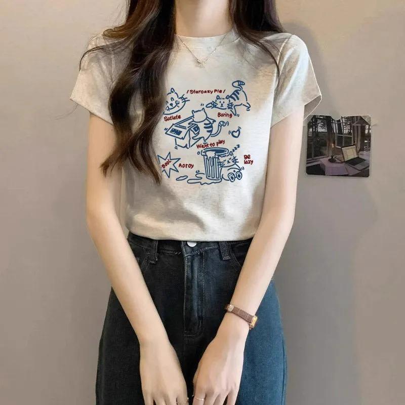 Women Cartoon Cat Graphic Crew Neck Short Sleeve Casual T Shirt