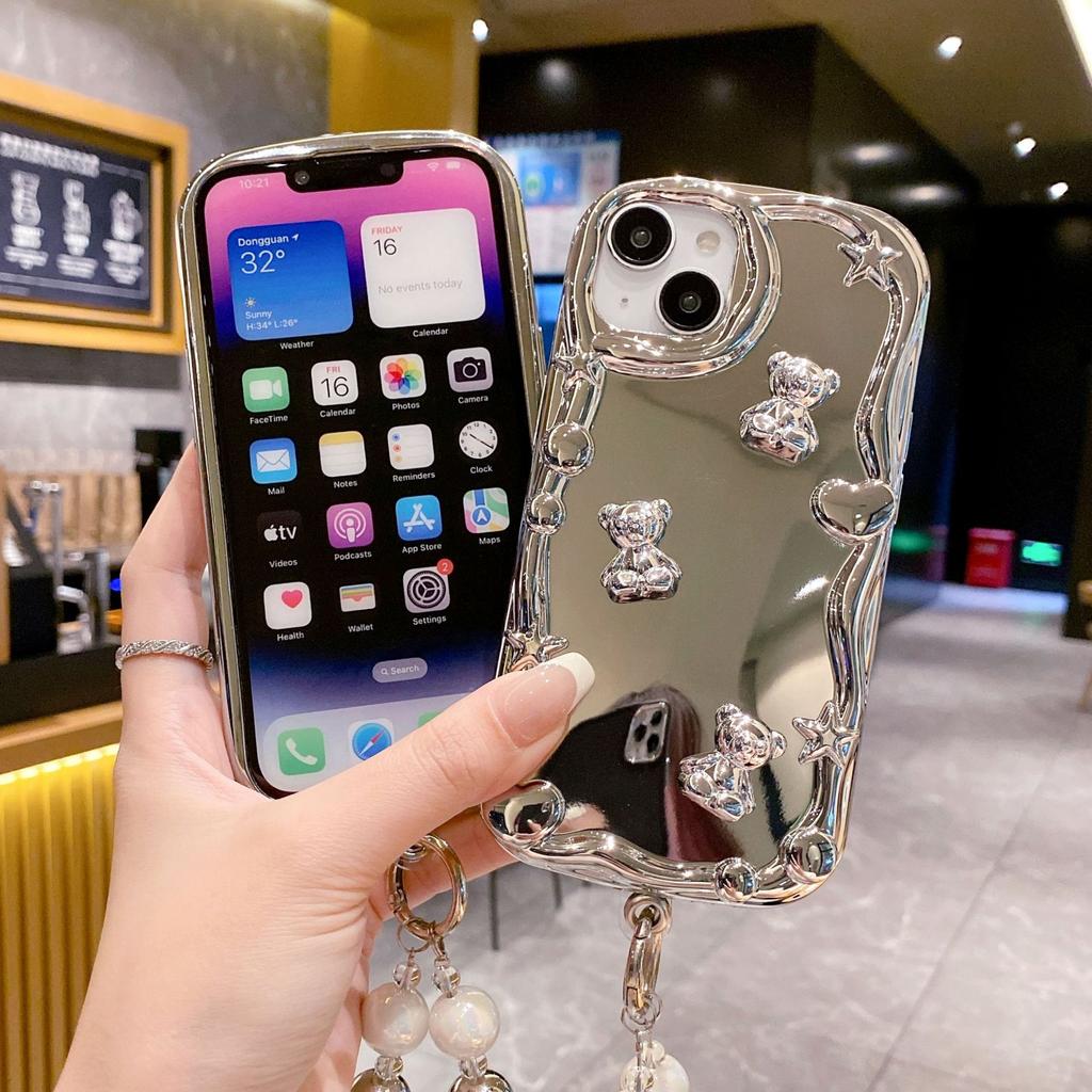 Гальваническое зеркало Подходит для чехла для мобильного телефона IPhone 16 Браслет Love Apple 15 Серебряный медведь 14 Противоударный 13 Мягкий чехол