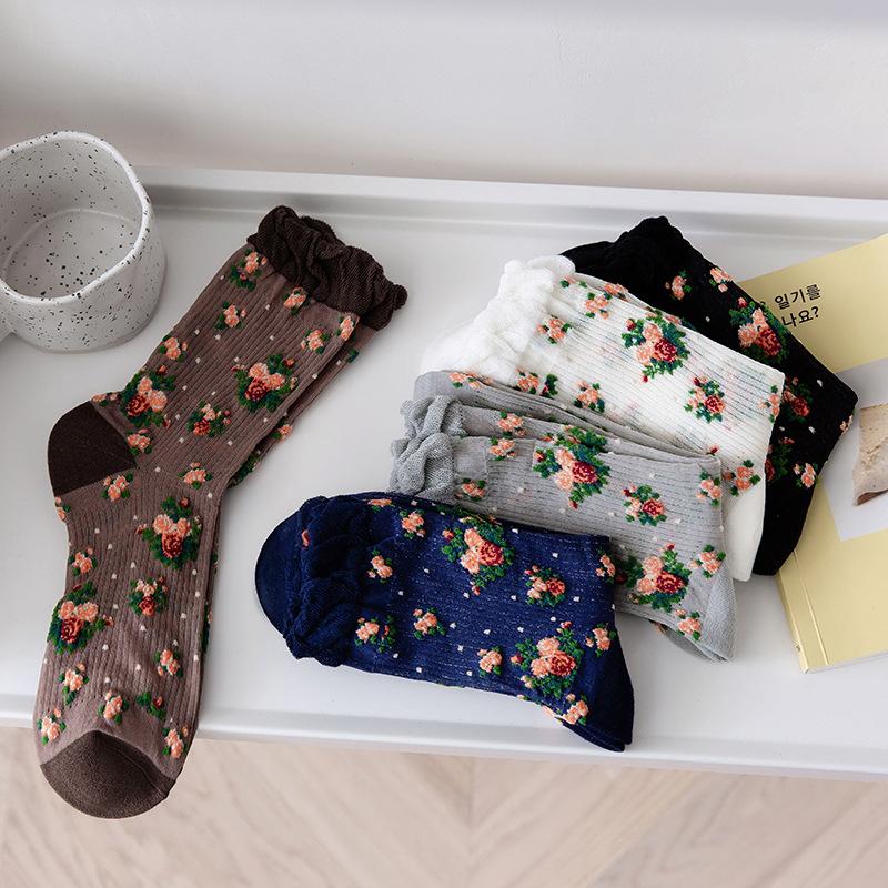 Harajuku Ретро женские носки винтажные этнические цветочные принты японские милые носки Kawaii женские летние сетчатые тонкие шелковые кружевные носки с рюшами