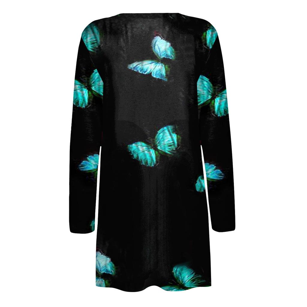 Женская мода Свободный повседневный кардиган с длинными рукавами и карманами с принтом Топы