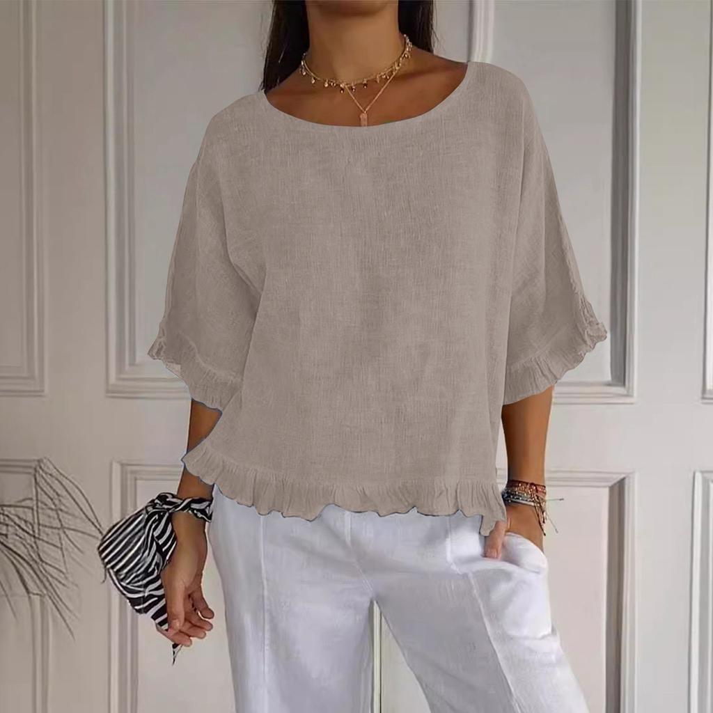 Women's' Fashion Solid Color Round Neck Short Sleeve Loose  Pullover Shirt Top