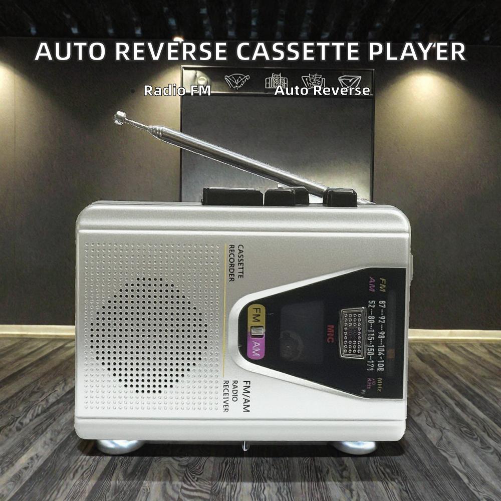 Retro Radio Auto Reverse Cassette Recorder Walkman AM/FM Radio Tape Player with Speaker DC Adapter Powered Model Built-in Mic