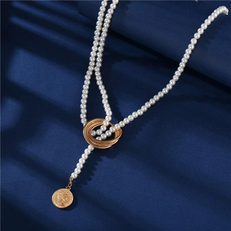 Necklace Women Sweater Chain Geometric Metal Pearl Necklace Women's Collarbone Chain, Sweater Chain