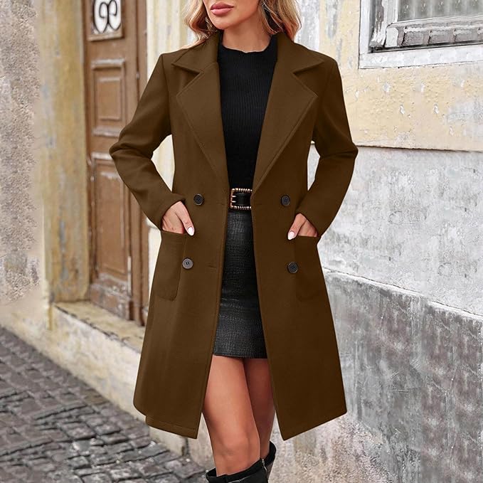 Women's Casual And Fashion Jacket Solid Color Lapel Double Button With Pockets Coat