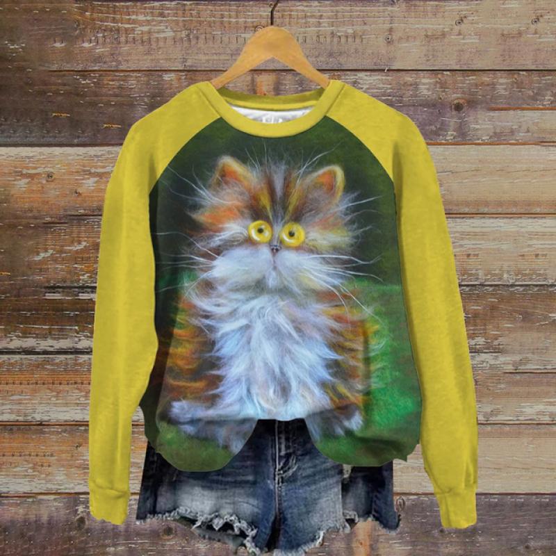 Женские топы с круглым вырезом, забавный милый кот, Повседневная толстовка с принтом Kawaii, пуловер с рисунком животных, женская одежда