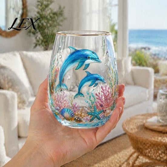 Functional Collectible Glass Cup Ocean-Themed Cup, Jellyfish/Dolphins/Sea Turtles/Octopus Hand-Painted, Thickened Drinking Decorative Ocean Style Gift
