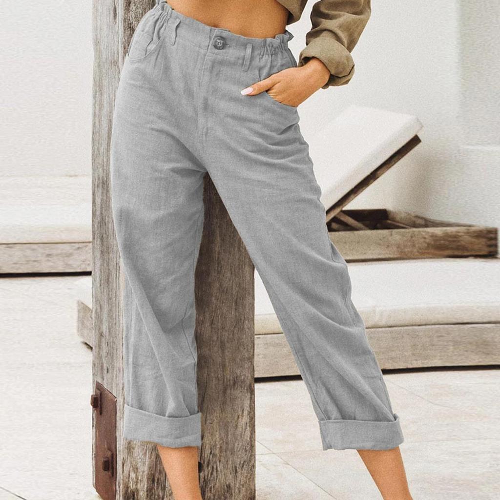 Fashion Solid Color Cotton Linen Fashion Loose High Waist Casual Pants For Women