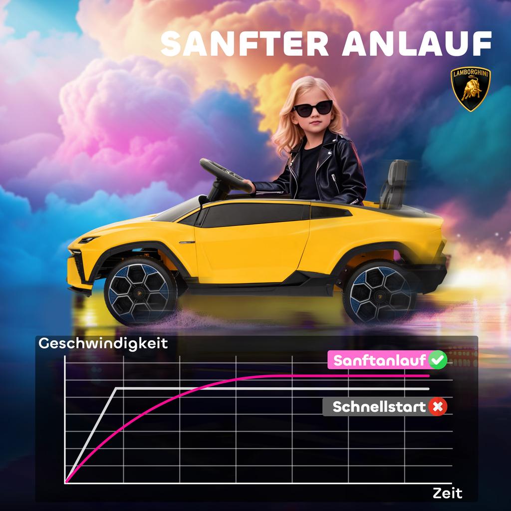 Kids' Electric Car 12V Kids' Car with 2.4 GHz Remote Control, 2 Motors, Horn, LED, Music, 101.5 x 49 x 43 cm, Yellow
