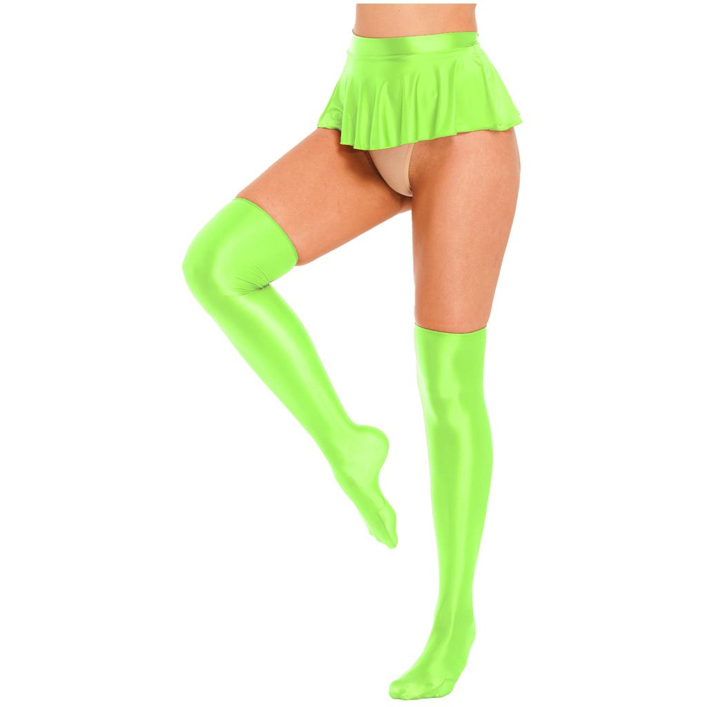 Womens Glossy Ruffled Miniskirt Pool Party Beach Bikini Bottoms Cover Ups with Thigh High Stockings