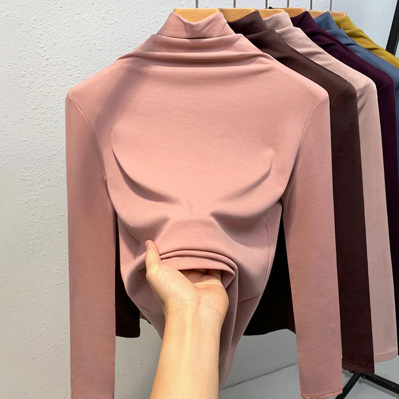 Базовая рубашка с высоким воротом для женщин, новая женская однотонная простая футболка с длинными рукавами плюс бархатный термотоп на талии