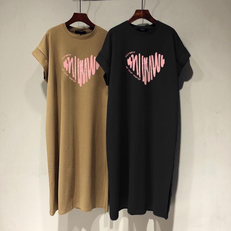 Новая хлопковая футболка с короткими рукавами, юбка, женская, Love Loose, повседневная, большого размера, платье с рукавами-крылышками, длинное платье