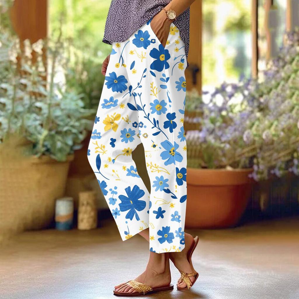 Women's Fashionable Floral Print Straight Leg Pocket Elastic Waist Casual Pants Pants