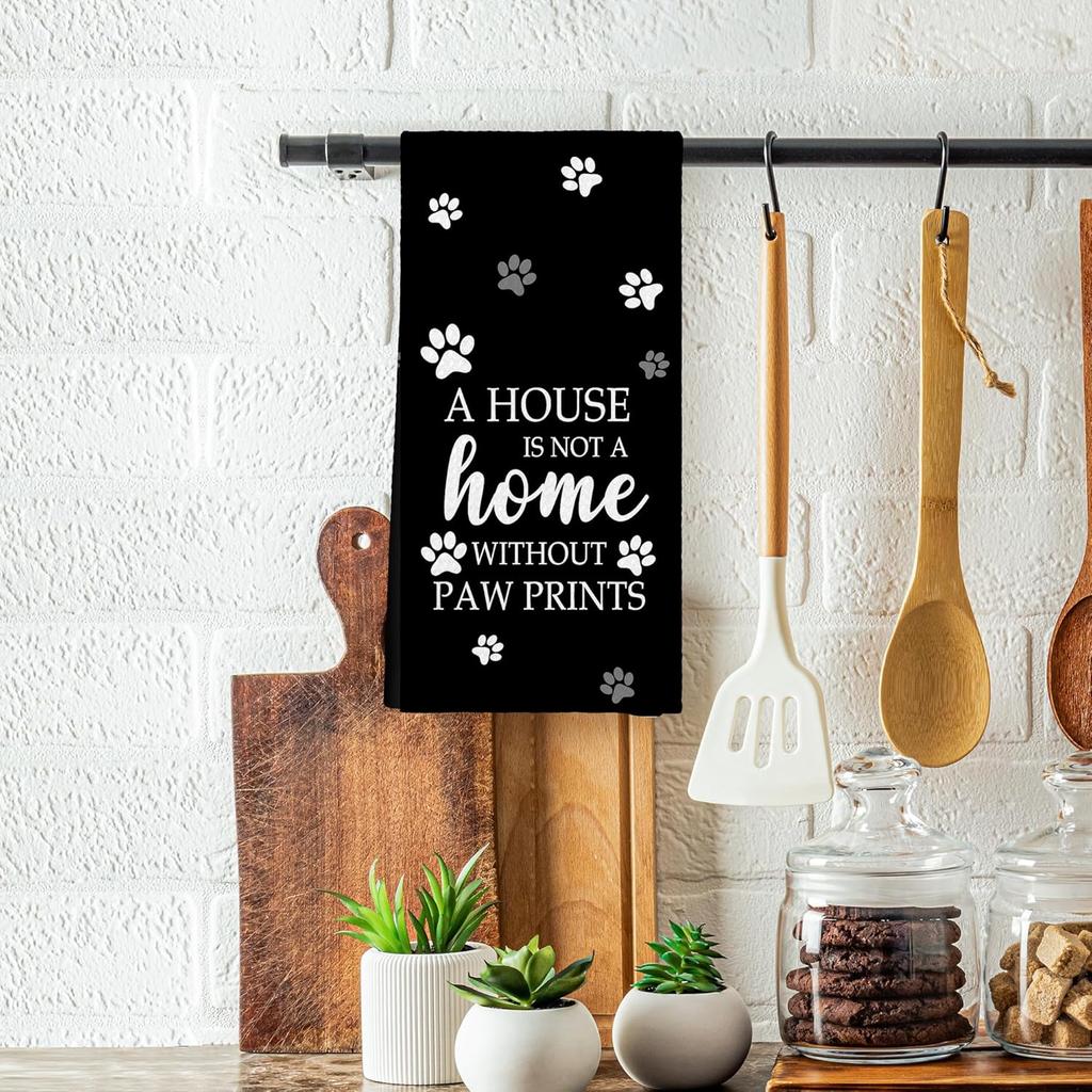 Black Paw Farmhouse Kitchen Towels Decor Gifts for Women Pet Lovers, A House is Not A Home Without Paw Prints Decorative Bathroom Towels, Funny Dish