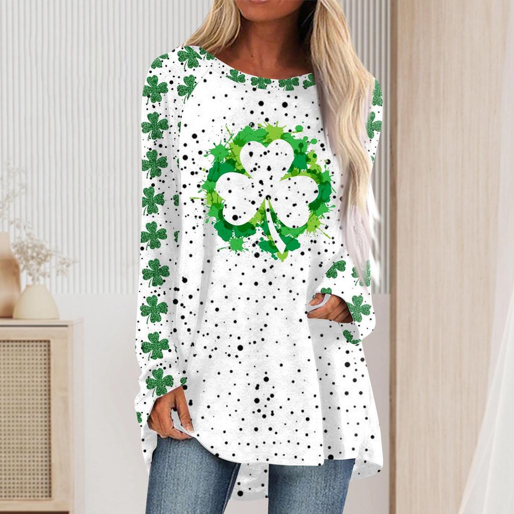 Fashionable Women's Casual Loose Round Neck Long Sleeved Saint Patrick Printed T-shirt Top