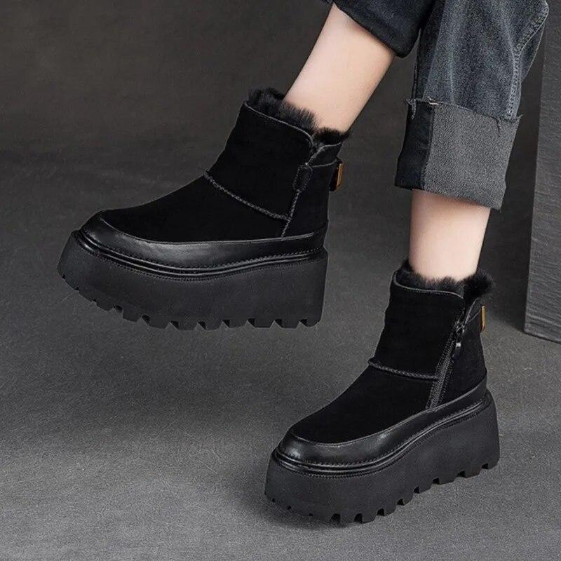Johnature Зимние ботинки на толстой подошве с плюшевой теплой боковой молнией, универсальная однотонная женская обувь в стиле ретро