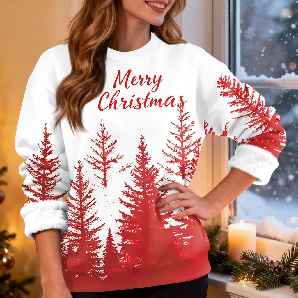 Women's Fashion Casual Long Sleeve Christmas Printed Round Neck Top Sweatshirt