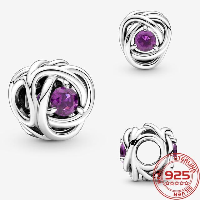 Fine 925 Silver October Pink Birthstone Eternity Circle Charm Fit Fashion Bracelet Silver Charm Necklace Girls Gifts DIY Jewelry