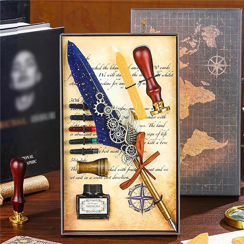 Luxury Fountain Pen Set Vintage Sprinkling Gold Feather Pens Ink Bottle Calligraphy Writing Dip Pen-s Birthday Gift 5 Nib Quill