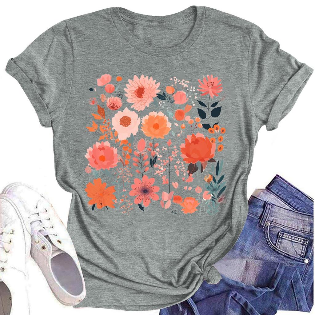 Женская повседневная футболка с круглым вырезом и цветочным принтом, короткий рукав