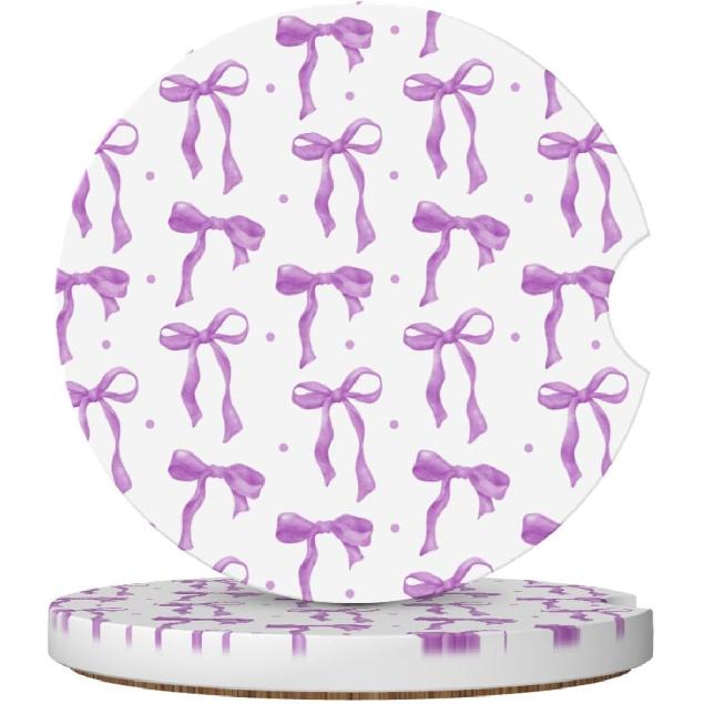 Pink Bow Car Coasters for Cup Holders,2 Pack Car Cup Holder Coasters for Car,Ceramic Absorbent Car Coaster with A Finger Notch and Cork Base,Car