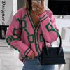Women Cardigan Green Striped Pink Knit Button Lady Cardigans Sweaters V-neck Loose Casual Winter Fashion Knitted Coat