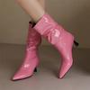 FOREADA Women Patent Leather Mid Calf Boots Pointed Toe Thin High Heels Pleated Ladies Fashion Shoes Autumn Winter Rose Red 46