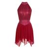 Womens Lyrical Dance Dress Ruched Metallic Mesh Rhinestone Detail Irregular Hem Sleeveless Backless Built In Briefs Leotard