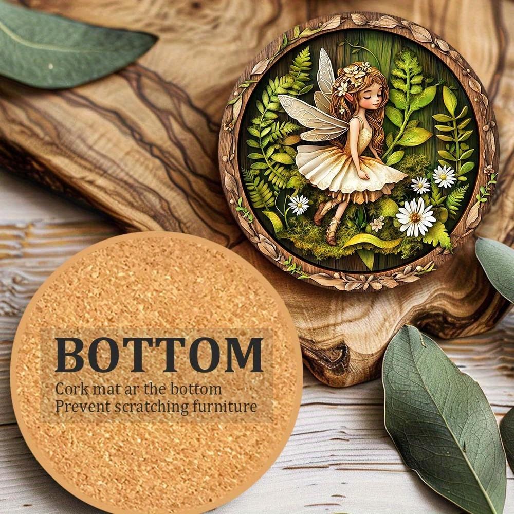 6 Pieces 2D Wooden Coasters Green Elf Pattern Theme Desktop Heat Mats Home Decor Coffee Mug Coasters For Office Restaurant