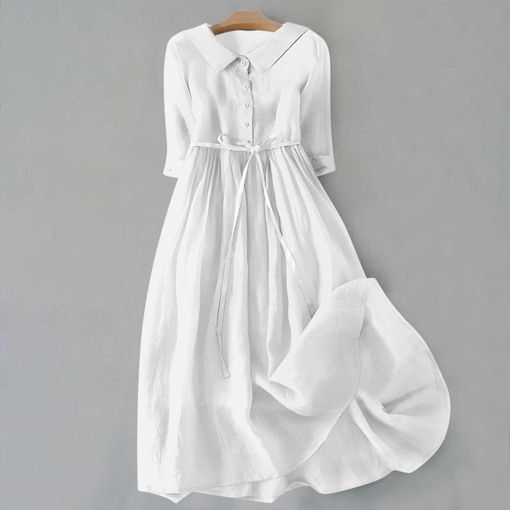 2024 Summer Trendy Lapel Dress: Cotton & Linen, Five-Point Sleeve, Long Skirt