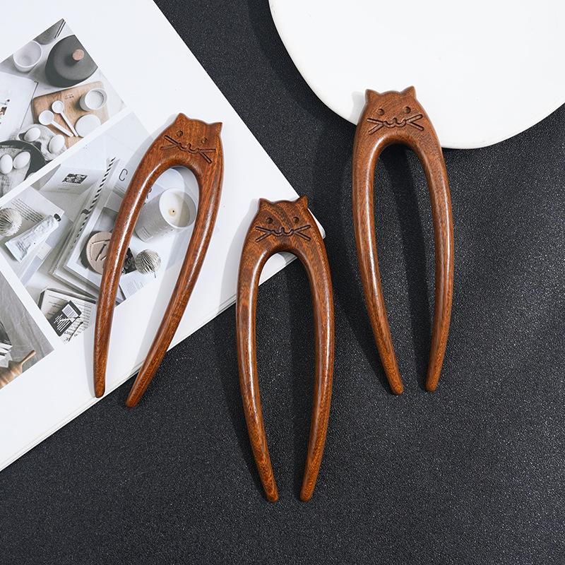 Wood Wooden Hair Stick U-Shaped Hair Fork Cat Butterfly Chinese Fashion Hairpin Buns Rabbit Headwear Girl Hair Accessories