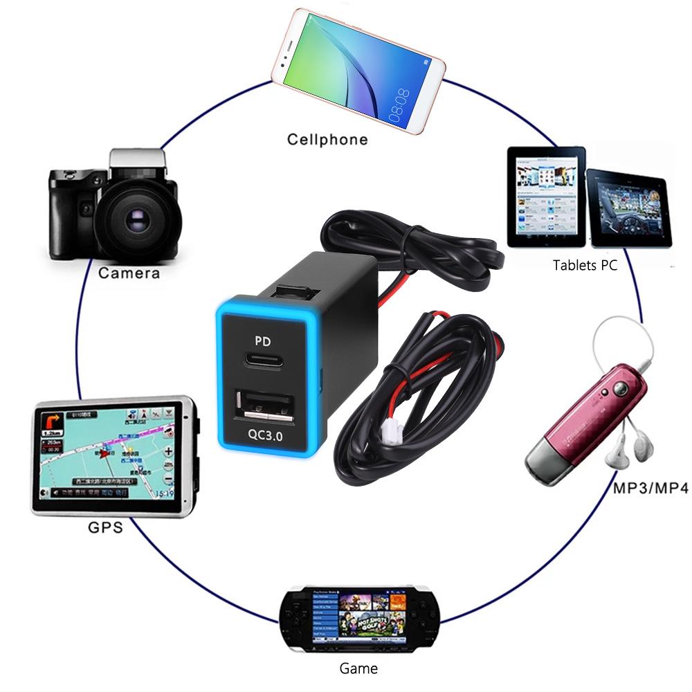 Автомобильное зарядное устройство USB C PD QC3.0 с двумя USB-разъемами для быстрой зарядки, 12 В, адаптер питания для мобильного телефона, розетка для Toyota ZW