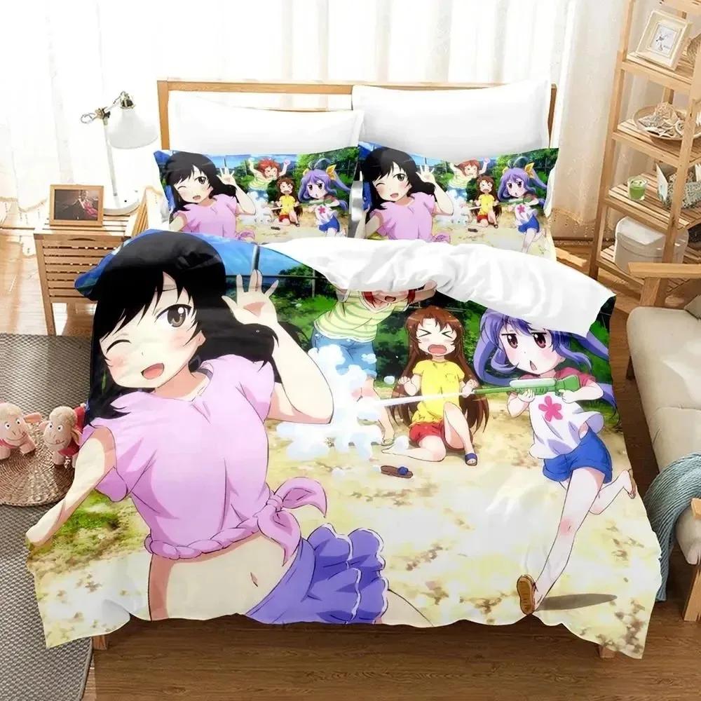 3D-принт аниме Non Non Biyori Комплект постельного белья Пододеяльник Постельный комплект Одеяло Наволочка Одеяло размера king-size Для мальчиков Взрослых