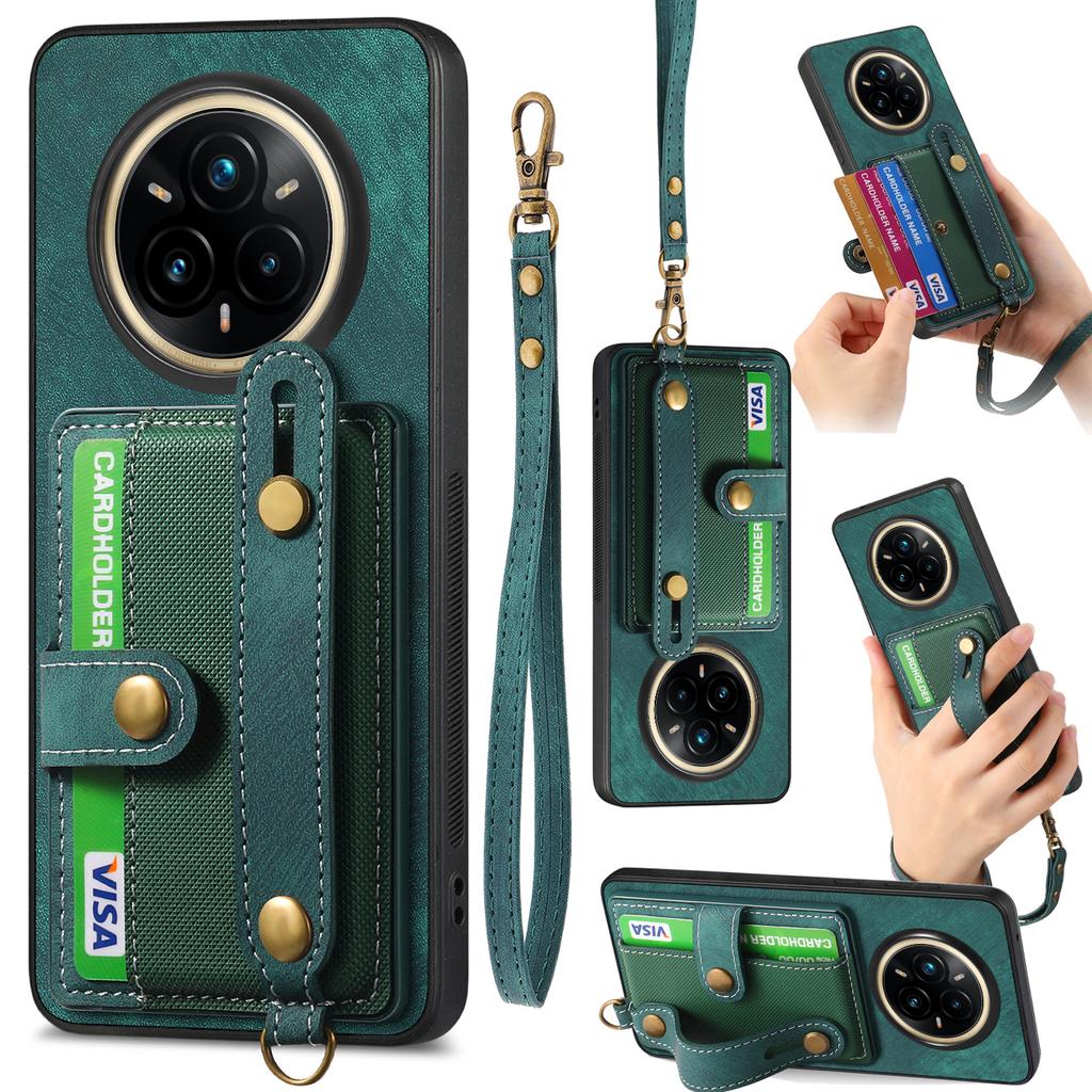 For Realme 14 Pro 5G Retro PU Leather Back Cover with Card Holder and Wristband Kickstand