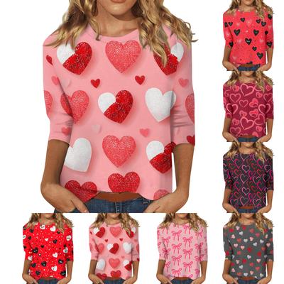 Женские топы с рукавом три четверти, рубашка на День святого Валентина, круглая горловина, свободная повседневная рубашка