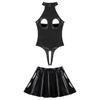 Womens Fashion Lingerie Patent Leather Open Cup Skinny Bodysuit with Skirt Wedding Night Outfits