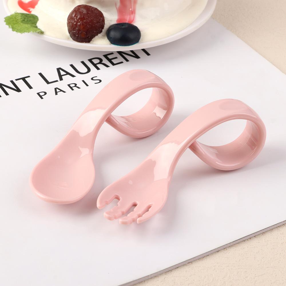Curved Antislip Utensils Solid Color Infant Training Twist Fork Spoon Suit 2Pcs/Set Baby