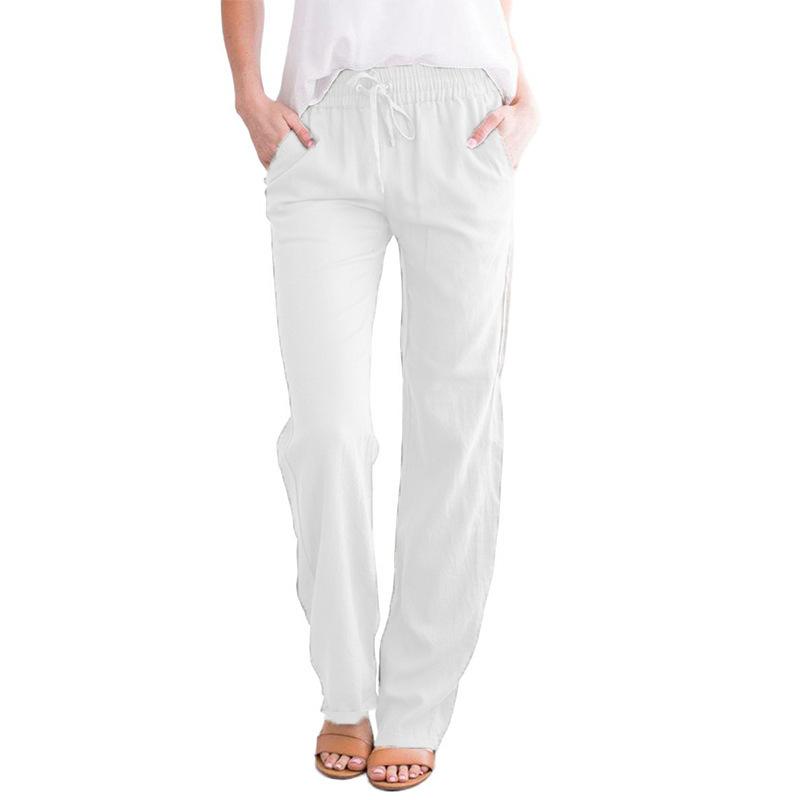Solid Color Cotton Hemp Drawstring Loose Casual Wide Leg Trousers