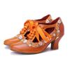 Handmade Women's Pumps Genuine Leather Retro Lace Flower Mary Jane Lace-up High Heels