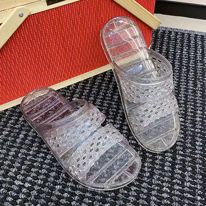 Women's Transparent Crystal Flat Sole Slippers Summer New Open Toe Soft Sole Non Slip Anti Odor Home Slippers Bathroom Slippers