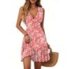 Women's Dress V-neck Sleeveless Casual Floral Print Hem Pleated Dress