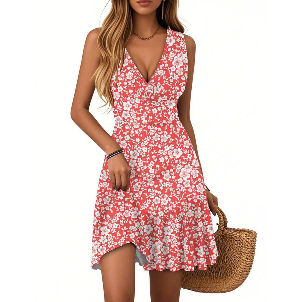 Women's Dress V-neck Sleeveless Casual Floral Print Hem Pleated Dress