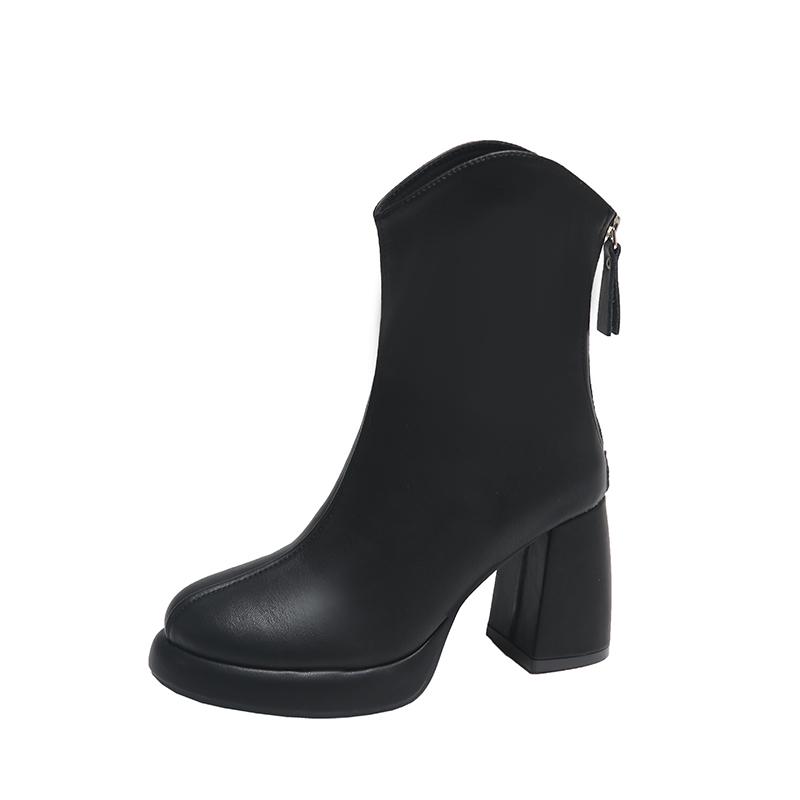 Мода 2024 Осень/Зима Новый Стиль Французские Сапоги На Высоком Каблуке Женские Круглые Сапоги Для Похудения Утолщенные Короткие Голые