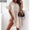 Women's Fashion Summer Spring Solid Color Print Short Sleeve O-Neck Loose Waistline Casual Dresses