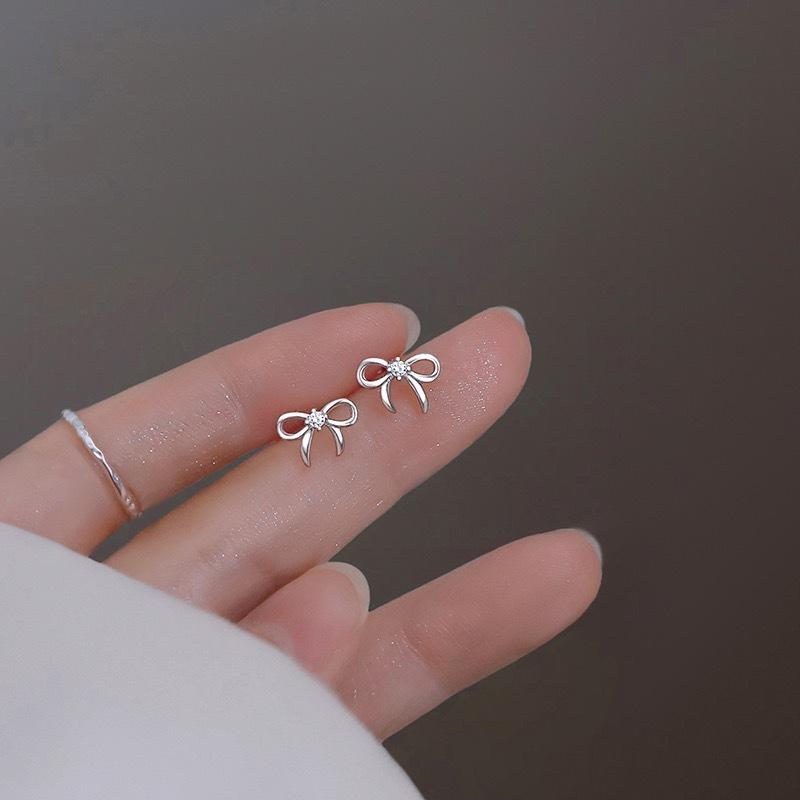 Bow Stud Earrings Female S999 Pure Silver Simple Fashionable Earrings Fairy Mori Style Ear Rings