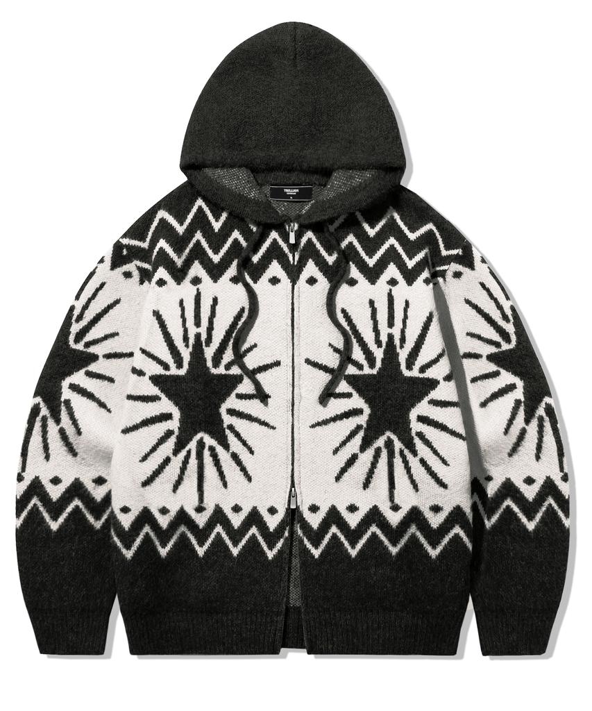 TRILLION Washable Wool Star Nordic Hooded Zip-Up Knit_Black