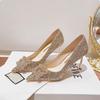 Women's Slim Heel Shoes Fall New Pointy Head Shallow Mouth Rhinestone Sequin Set Foot Temperament High Heels