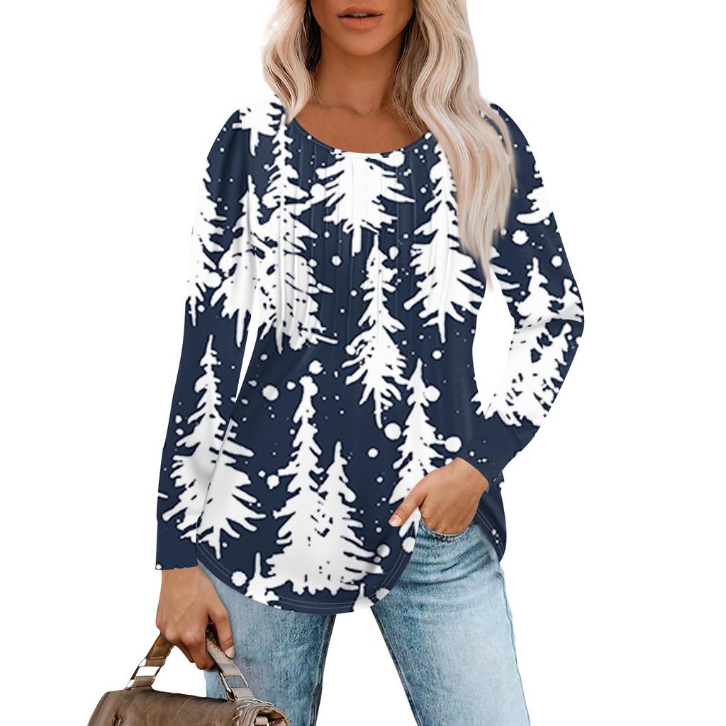 Женская повседневная футболка с круглым вырезом и длинными рукавами с рождественским принтом и складками