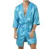 Мужской шелковый атласный пижамный комплект с коротким рукавом, кимоно, кардиган и шорты, одежда для сна, домашняя одежда