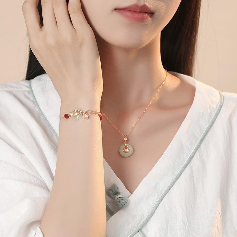 Ping An Buckle The Year of The Loong Red Rope Bracelet Female Sterling Silver New Chinese China-Chic Life Year Hetian Jade Hand Rope